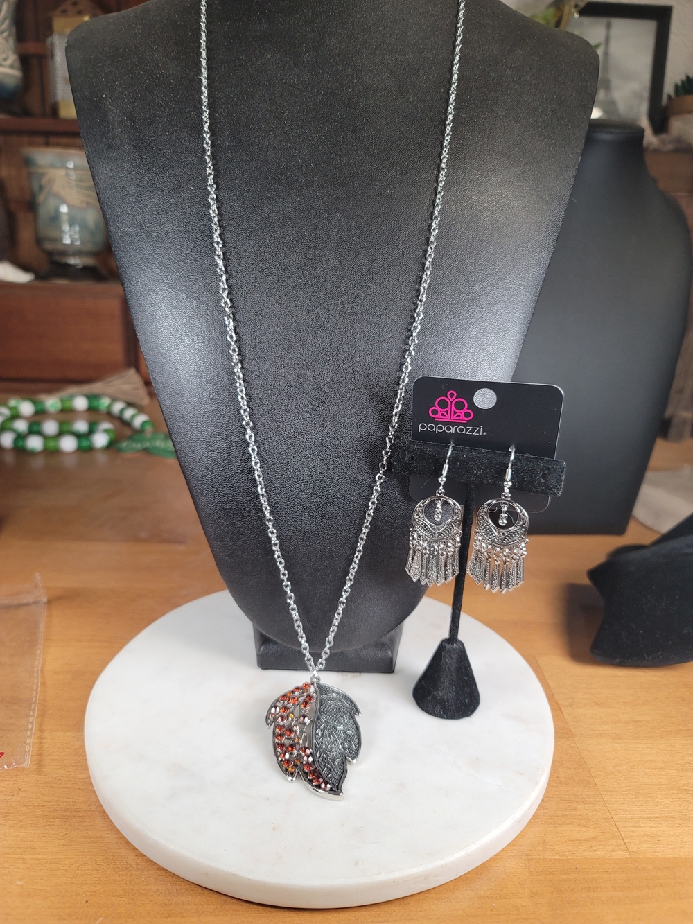 Paparazzi Silver Leaf Pendant Necklace with Amber Accents